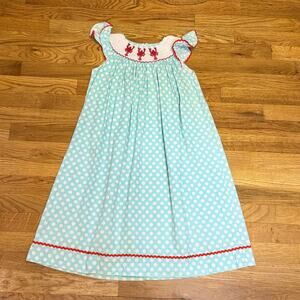 Mom & Me Girls 8 Cotton Blue White Polka Dot Ruffle Embroidered Lobster Dress